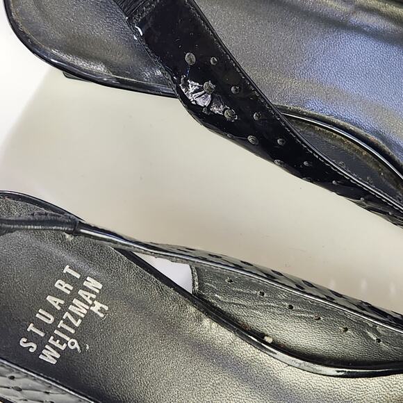 Stuart Weitzman Peep Toe Wedge Sandals Size 9M Black Patent Leather Low Heel - Picture 7 of 8